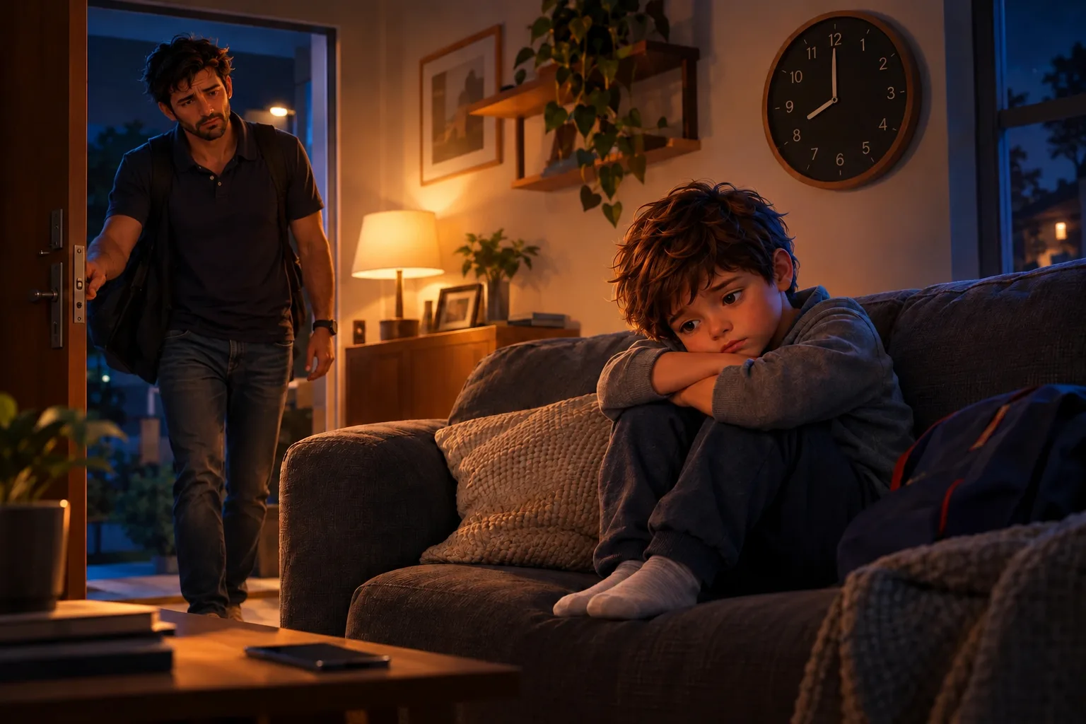 Pai chega em casa à noite; o filho, triste, espera no sofá, ao lado de um relógio marcando oito horas