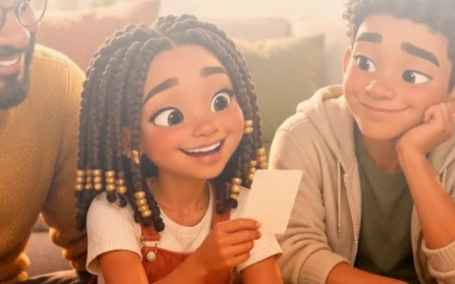 Pré-adolescentes conversando em família com cartões de perguntas
