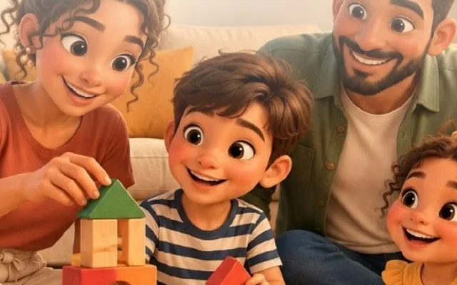 Crianças pequenas brincando de montar blocos com os pais