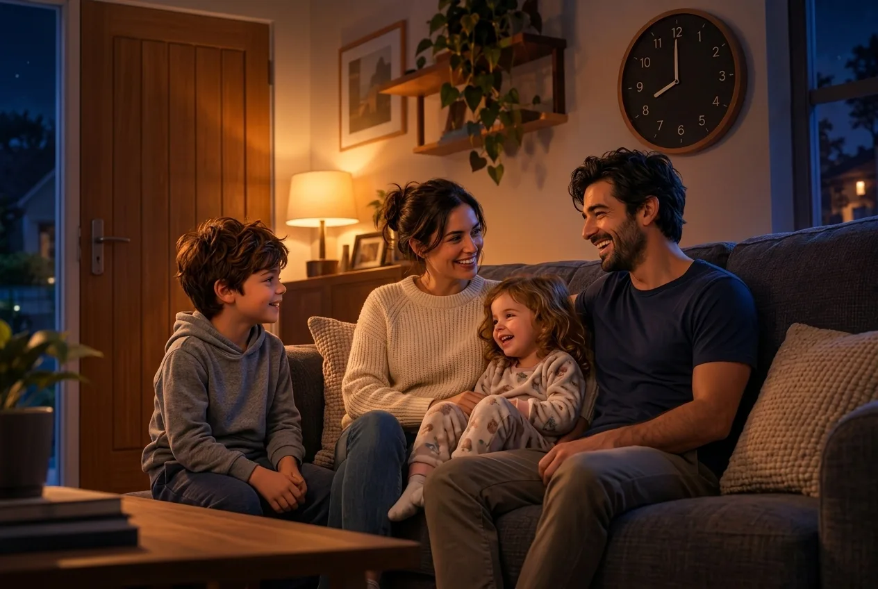 Família reunida no sofá da sala à noite: pai, mãe, o filho e a filha pequena conversam e riem juntos
